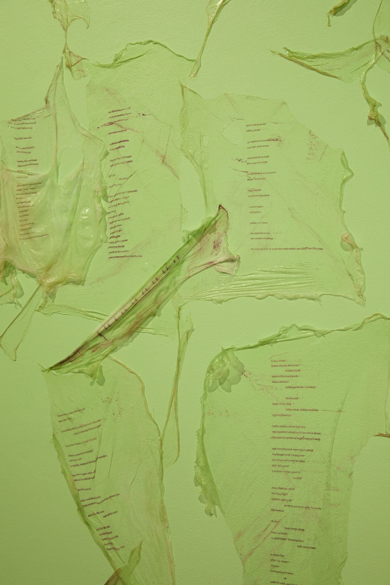 Pieces of very thin translucent cellulose are pasted to a green wall. The cellulose has text printed on it.