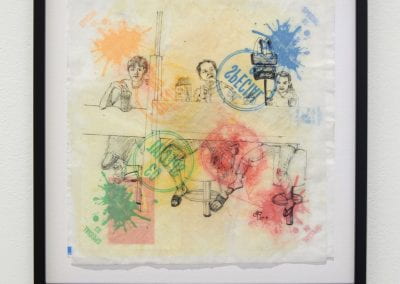 A framed McDonald's wrapper, flattened out into a square. An ink drawing of people sitting at a table enjoying hot chips has been traced onto the wrapper.