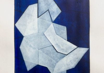 A painting of abstract, geometric white shapes against a deep blue background.