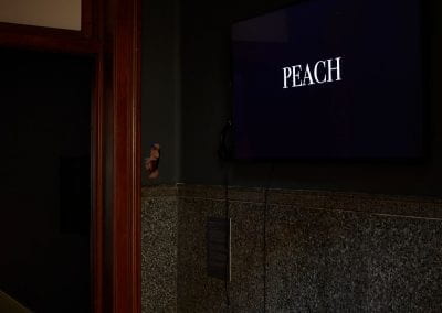 A flatscreen TV mounted in a dark grey room. The film playing on the TV is white text on a black background which reads "PEACH".