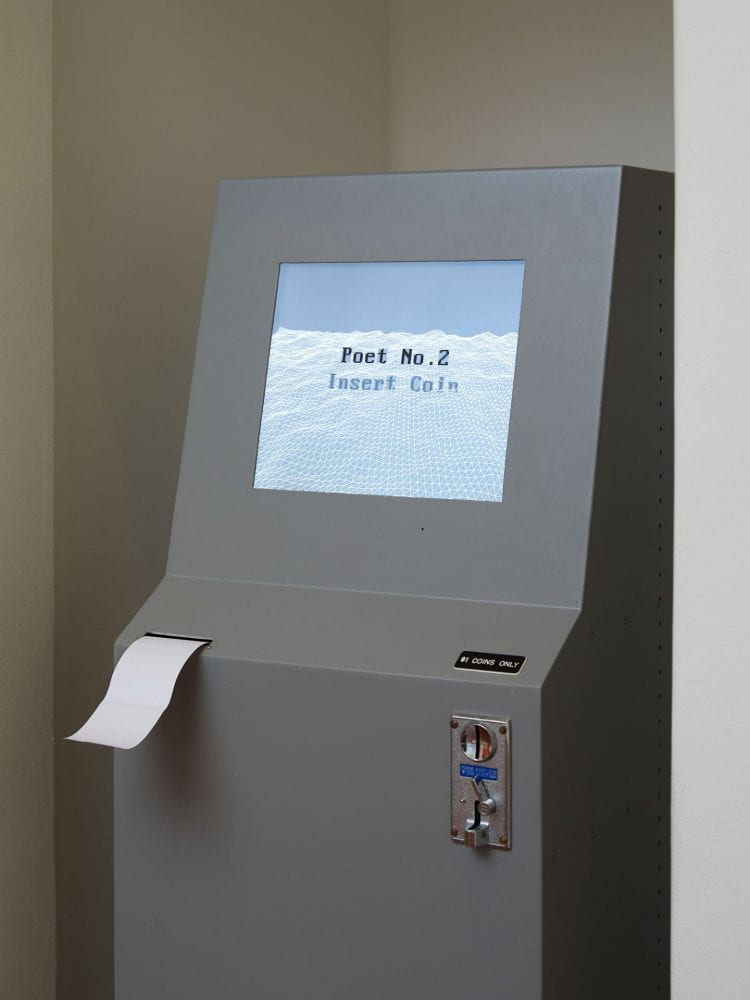A steel grey coin-operated machine, with a screen which reads "Poet number 2 insert coin". A receipt is being printed out of it. The receipt has lines of a poem written on it.