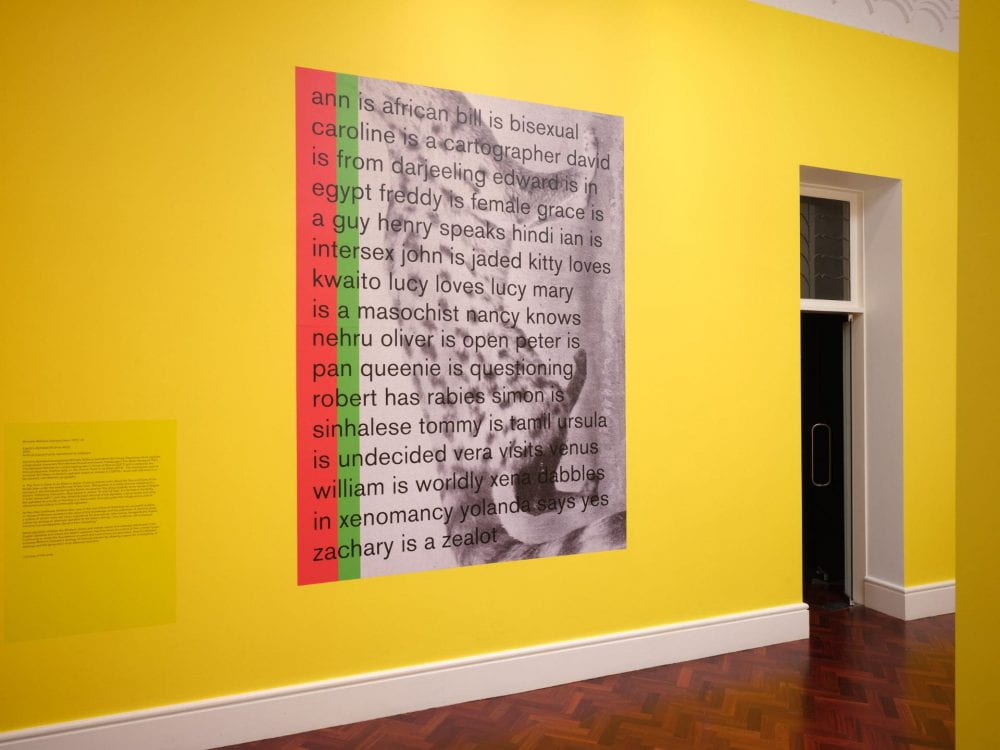 A gallery wall painted bright yellow, with a large long grey print displayed on it. The print has an old black and white image of a striped animal in the background, with text overlaid on top of it. Down the left side of the paint run vertical stripes of red and green.