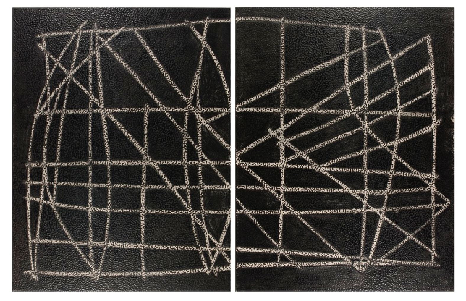 A painting split across two panels. It has a black background with a series of intricate diagonal lines which look like stick charts. The entire work is made up of tiny dots.