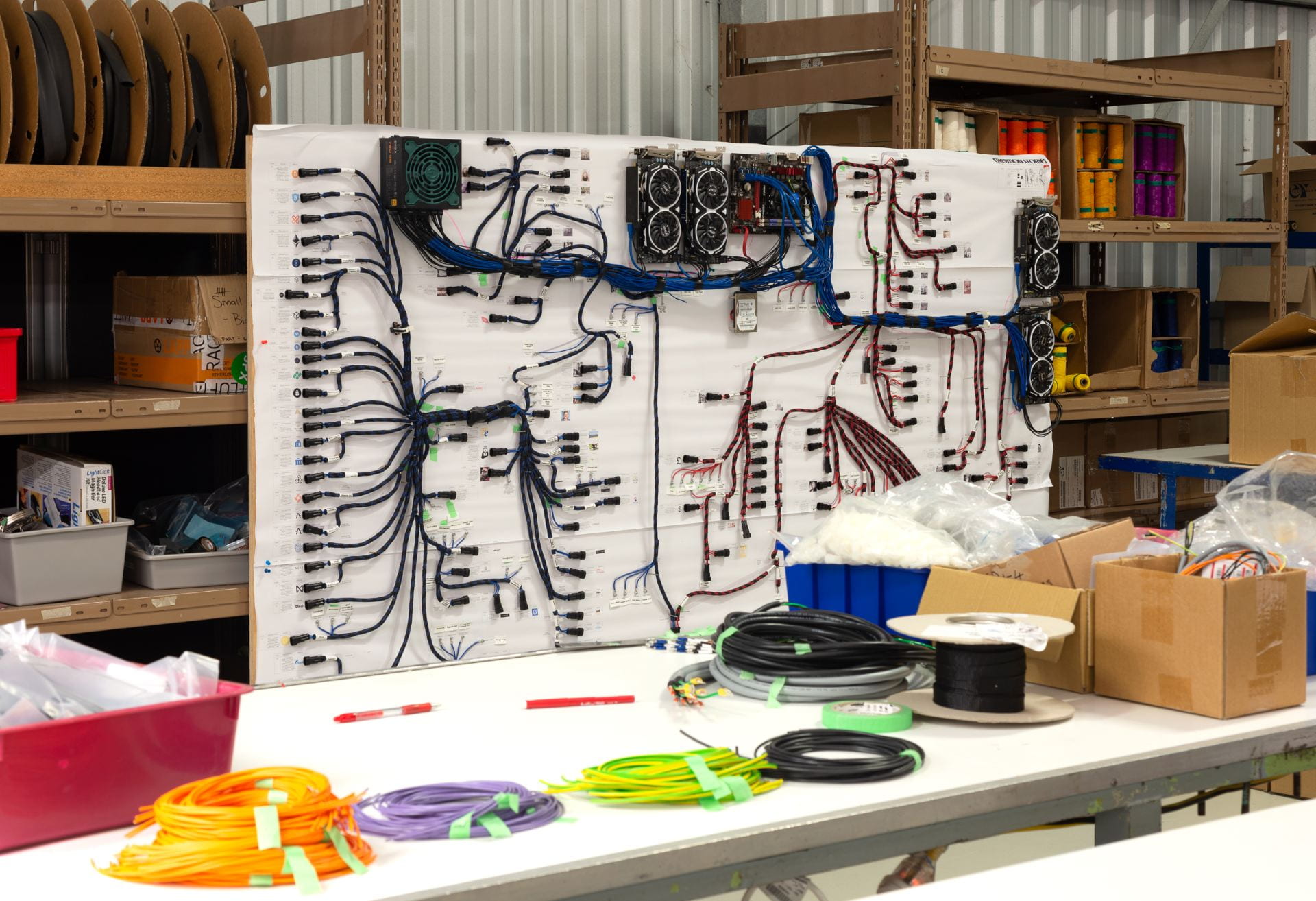 A large white board with a variety of cables running across it sits on top of a work table in a factory, surrounded by coils of cabling.