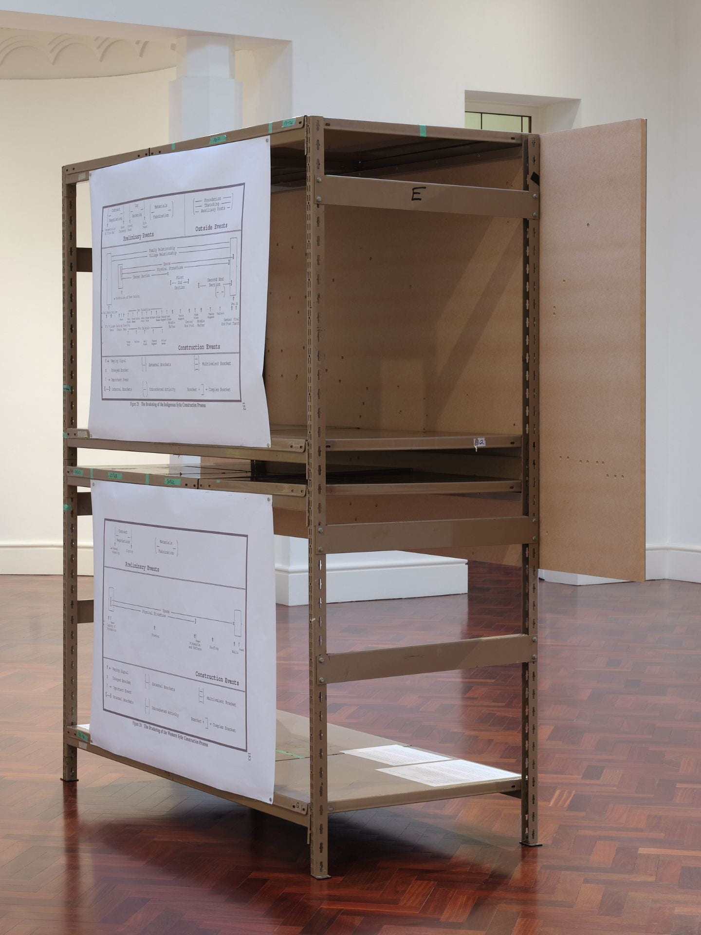 Two large white diagrams attached to the back of a metal shelving unit, in a large gallery space.