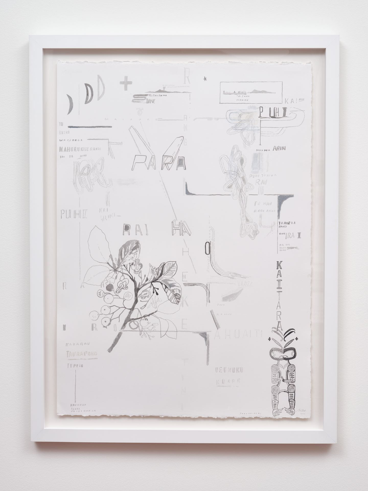 A framed rectangle drawing consisting of drawn text, leaves and motifs