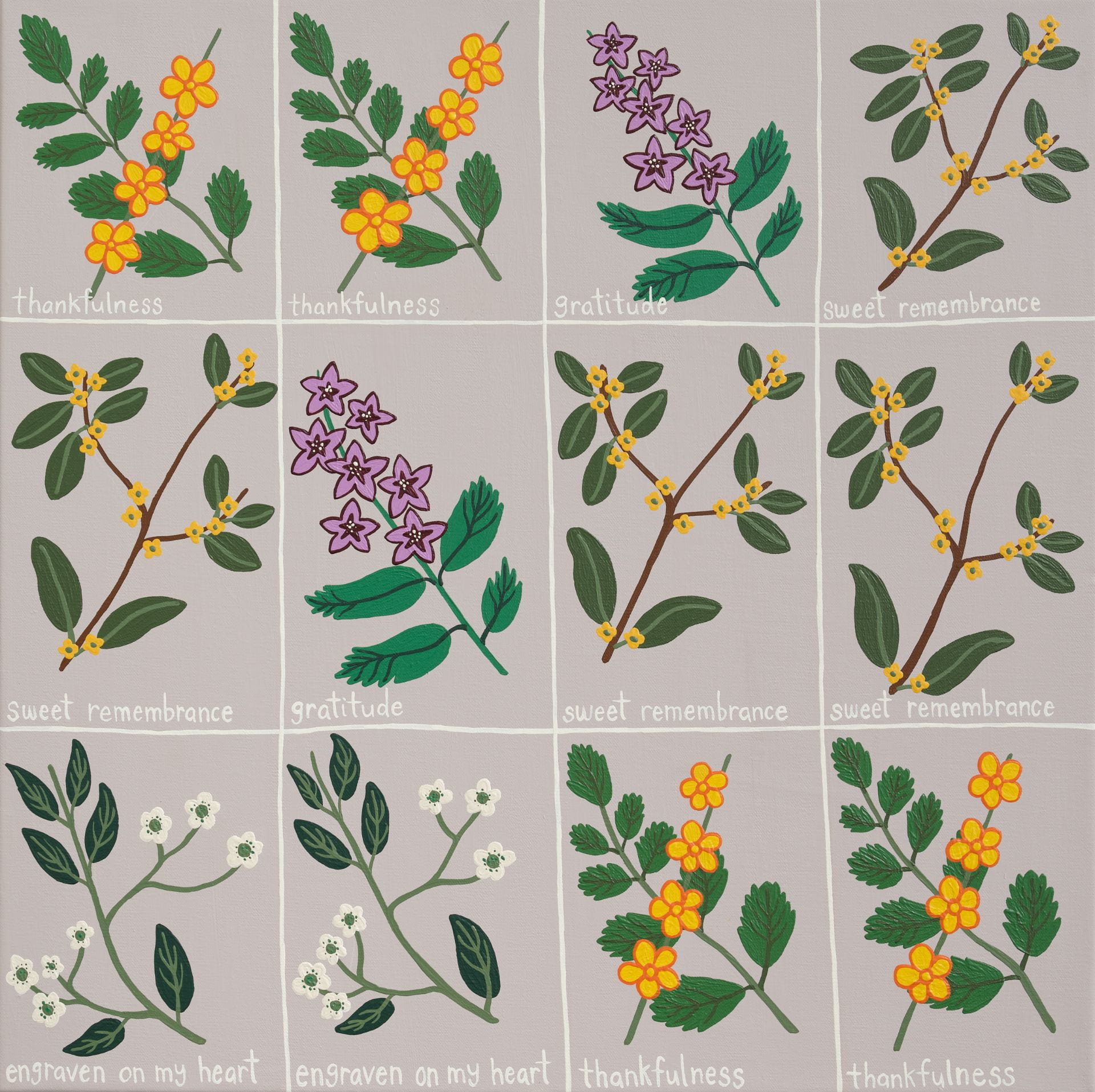 A 4 by 4 grid of flowers, with writing under each flower stating their symbolic meaning. Four yellow-orange flowers represent thankfulness. Two purple flowers represent gratitude. Four dainty yellow flowers represent sweet remembrance. Two dainty white flowers represent engraven on my heart. The flowers are laid out across each grid like a bouquet split into its individual parts.