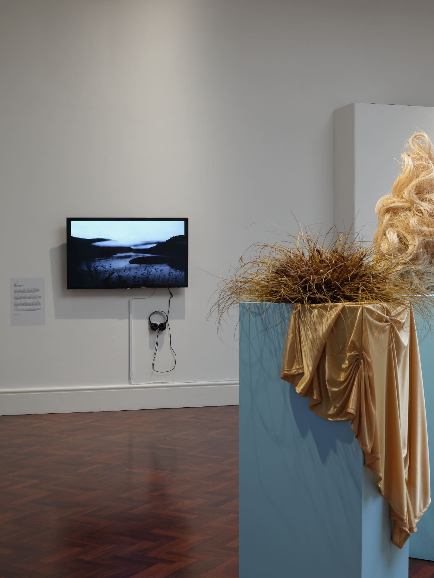 Two plant fibre wigs on pale blue plinths with gold fabric are visible in the foreground. In the background, a TV with a black and white landscape playing on it is mounted on a wall.