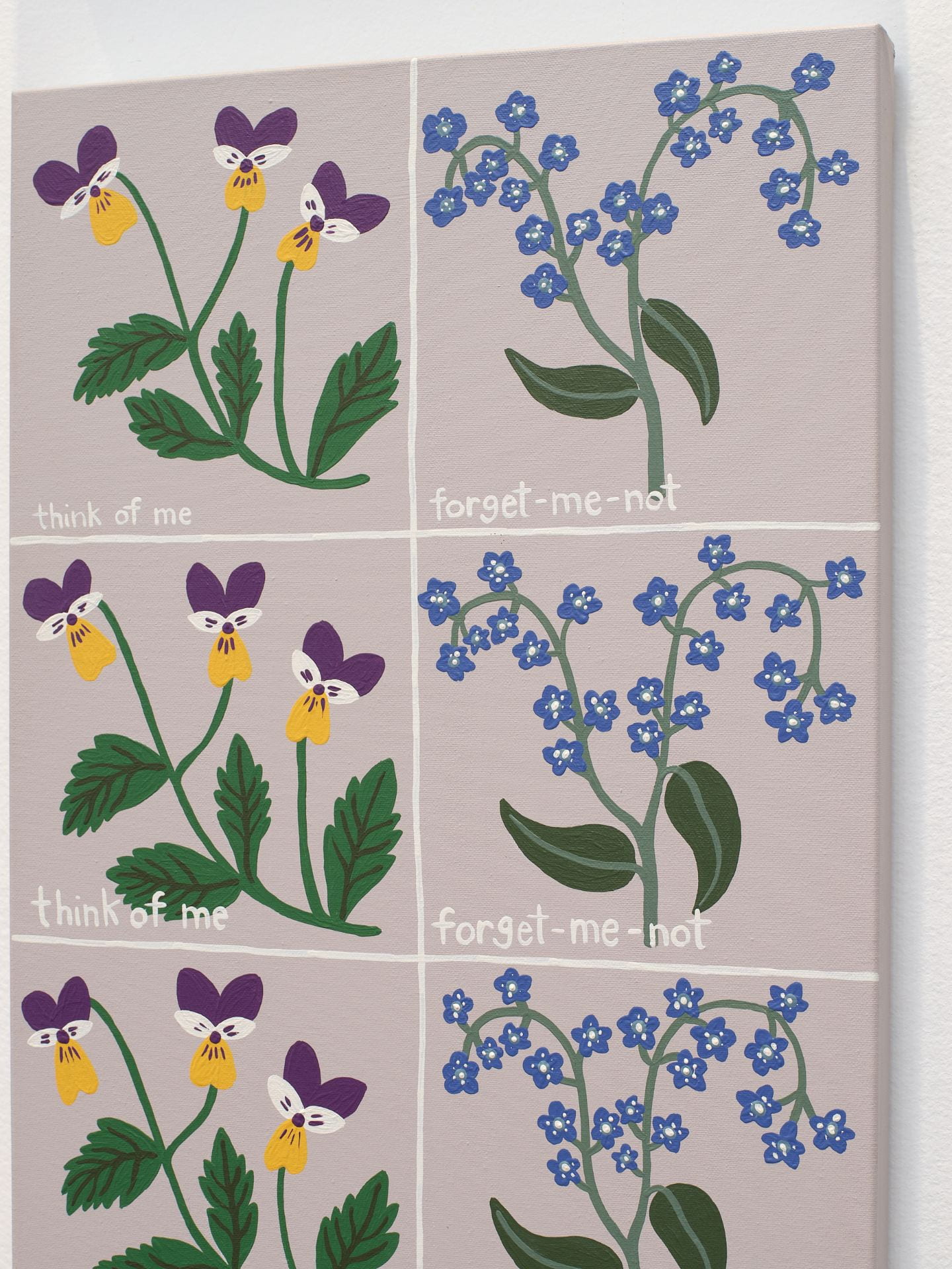 Close-up of a painting. Pansies captioned 'think of me' and forget-me-nots captioned 'forget-me-not' are arranged in a repetitive grid.
