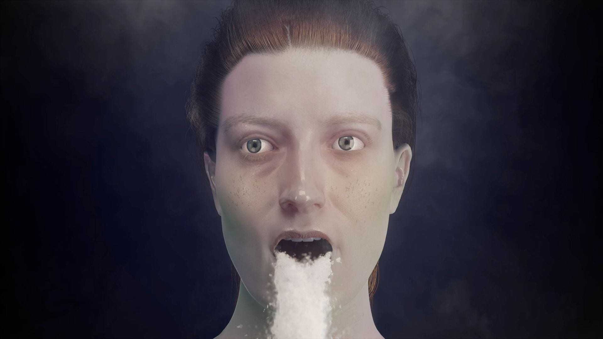 An 3D animated image of a woman's face. Her hair is pulled back and a torrent of liquid is falling from her open mouth.